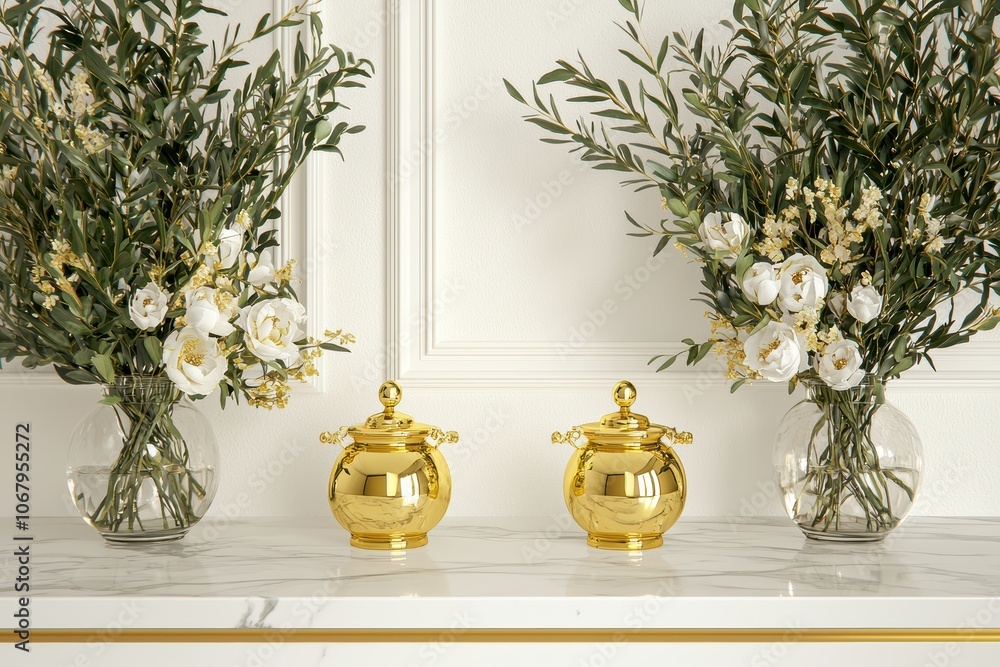 Fototapeta premium Elegant Golden Pots on a Marble Countertop