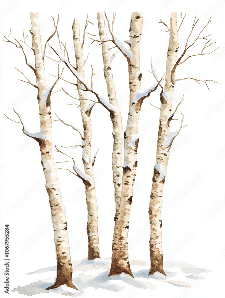 serene watercolor illustration of snow covered birch trees, showcasing their slender trunks and delicate branches. snowy ground adds tranquil touch to scene serene watercolor illustration of snow covered birch trees, showcasing their slender trunks and delicate branches. snowy ground adds tranquil touch to scene