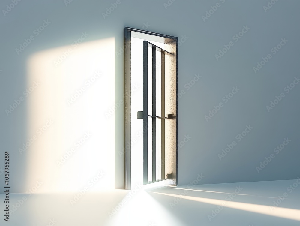 A jail cell door slightly ajar, with light shining through, isolated on a white background A jail cell door slightly ajar, with light shining through, isolated on a white background