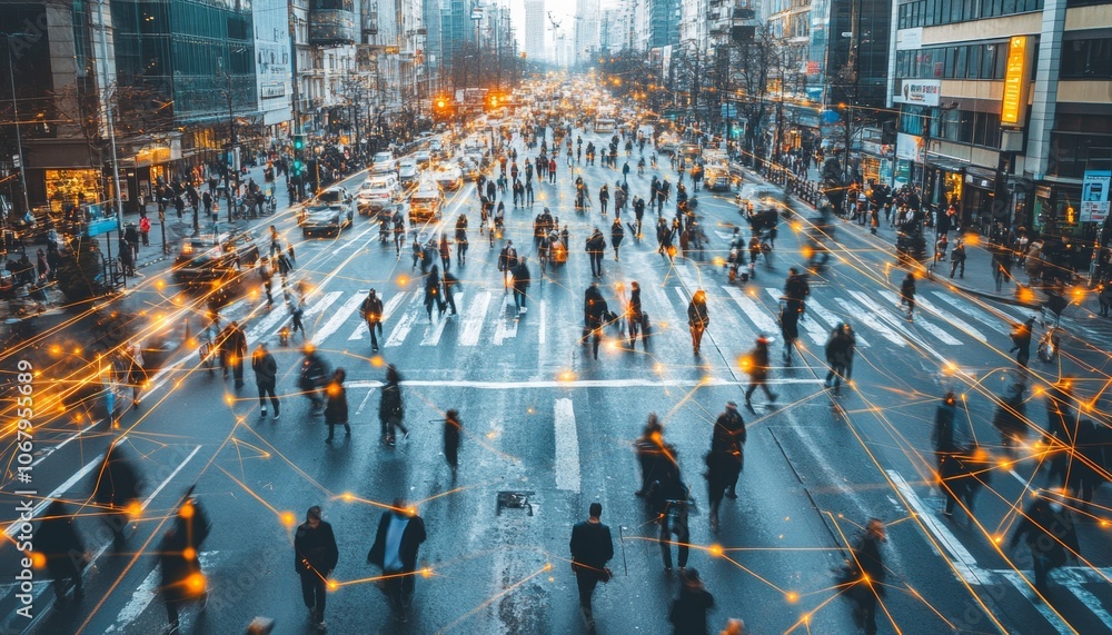 Obraz premium Digital Disruption Busy Urban Crosswalk with Connected People