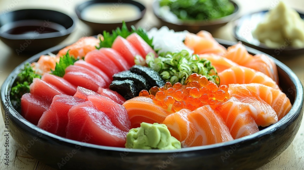 Studio lighting highlighting an elegant Assorted Sashimi platter, with soy sauce and wasabi in the background Studio lighting highlighting an elegant Assorted Sashimi platter, with soy sauce and wasabi in the background