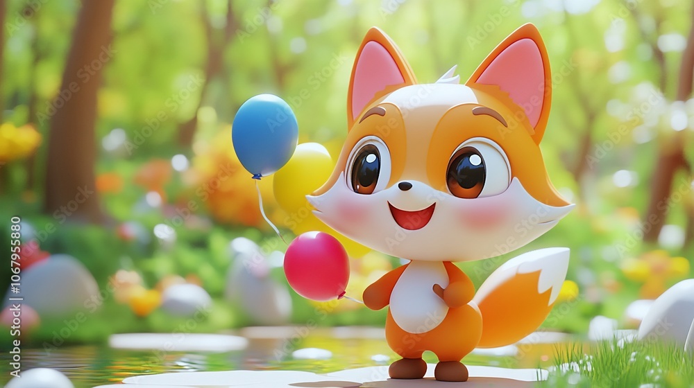 Fototapeta premium A cartoon fox with big eyes holds a balloon in a green forest.