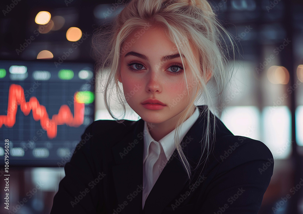 Concerned Businesswoman Standing Before Financial Graph, Pondering Economic Risks Concerned Businesswoman Standing Before Financial Graph, Pondering Economic Risks