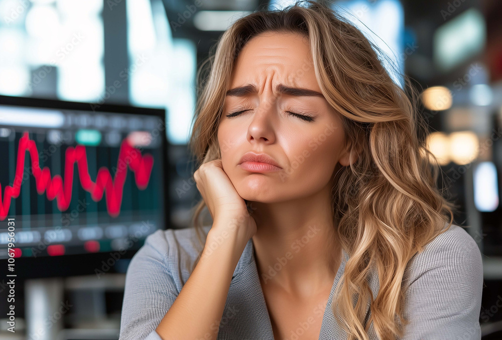 Focused Yet Worried Businesswoman Standing by Economic Graph, Facing Tough Trends Focused Yet Worried Businesswoman Standing by Economic Graph, Facing Tough Trends