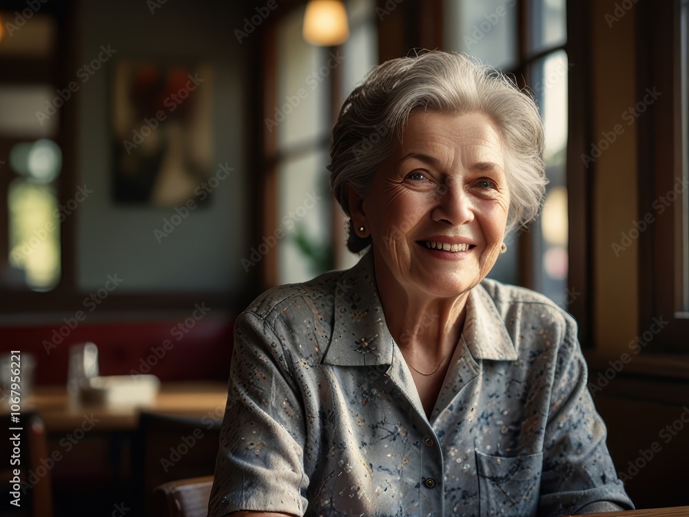 Cinematic Photography of 70-Year-Old Woman in a Restaurant with Sunlight Cinematic Photography of 70-Year-Old Woman in a Restaurant with Sunlight