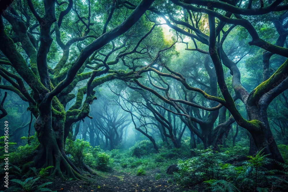 Dark forest with dense foliage and twisted tree branches at dusk, nature, shadows, mystery Dark forest with dense foliage and twisted tree branches at dusk, nature, shadows, mystery