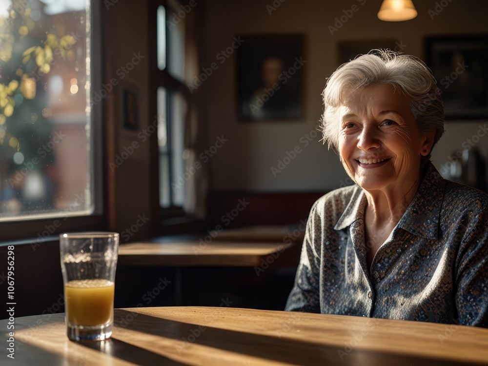 Cinematic Photography of 70-Year-Old Woman in a Restaurant with Sunlight Cinematic Photography of 70-Year-Old Woman in a Restaurant with Sunlight