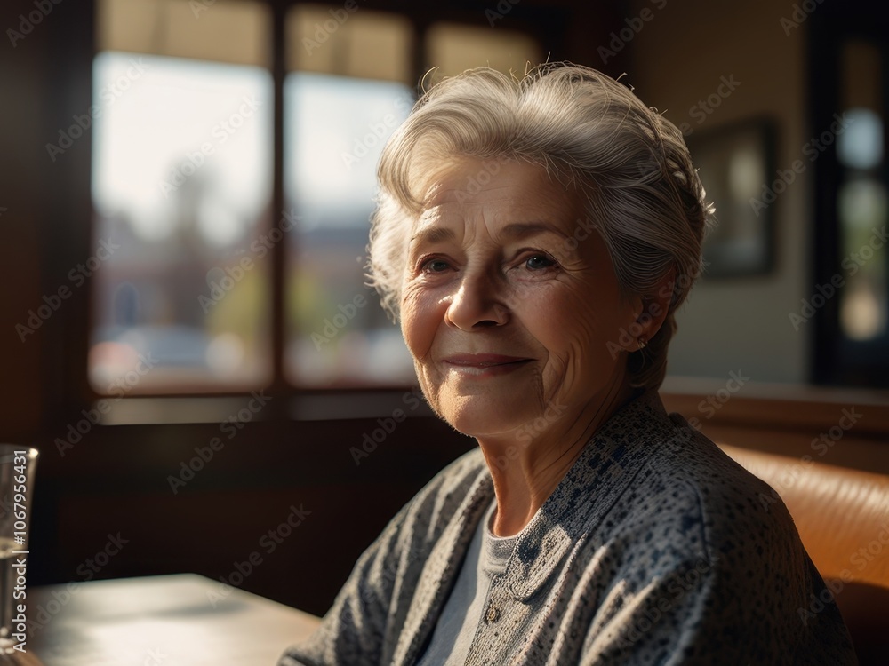 Cinematic Photography of 70-Year-Old Woman in a Restaurant with Sunlight Cinematic Photography of 70-Year-Old Woman in a Restaurant with Sunlight