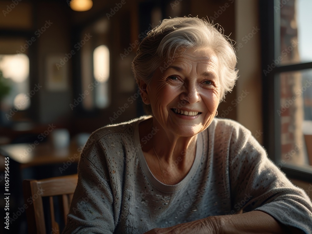 Cinematic Photography of 70-Year-Old Woman in a Restaurant with Sunlight Cinematic Photography of 70-Year-Old Woman in a Restaurant with Sunlight