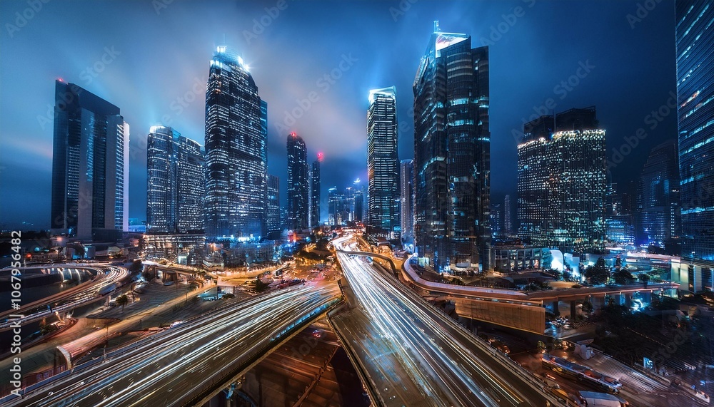 Fototapeta premium Night aerial view of modern infrastructure buildings residential city