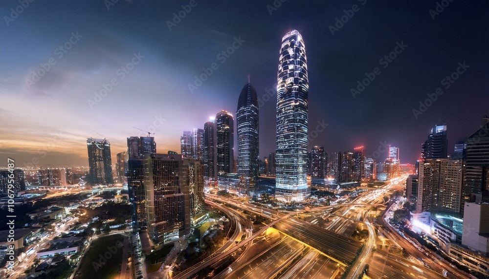 Obraz premium Night aerial view of modern infrastructure buildings residential city