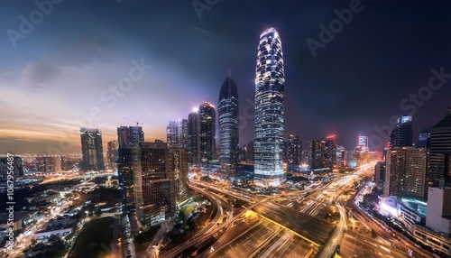 Night aerial view of modern infrastructure buildings residential city