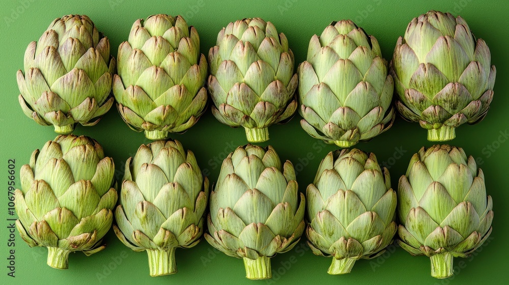 Obraz premium Ten whole artichokes arranged in two rows of five on a green background.