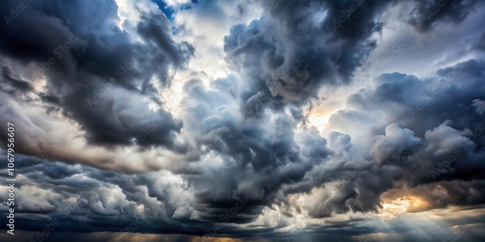 Dense, grey clouds blocking out sunlight with an intense, dramatic sky, dark, shadowy, ominous Dense, grey clouds blocking out sunlight with an intense, dramatic sky, dark, shadowy, ominous
