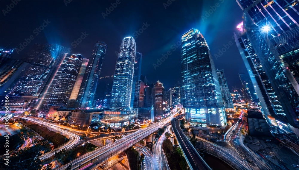 Fototapeta premium Night aerial view of modern infrastructure buildings residential city