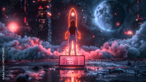 A woman stands in front of a glowing red rocket, laptop in hand. AI generative. .