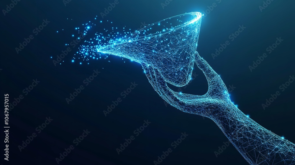 Abstract digital hand holding a hologram of funnel big data Abstract digital hand holding a hologram of funnel big data