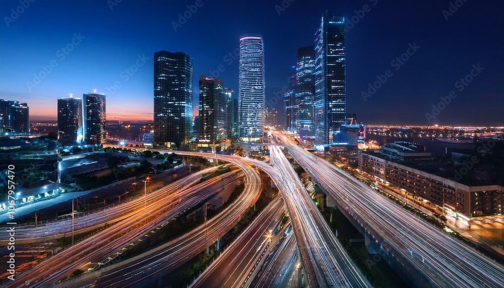 Fototapeta premium Night aerial view of modern infrastructure buildings residential city