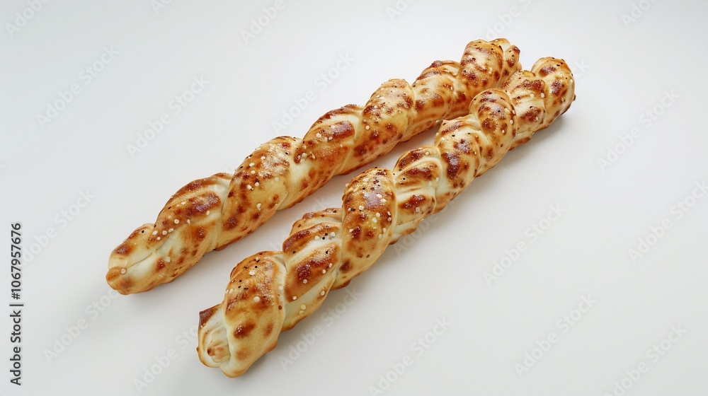 Two braided breadsticks with sesame seeds on a white background.