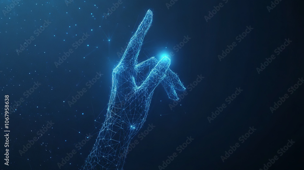  Abstract digital human hand touching on glowing dot low poly