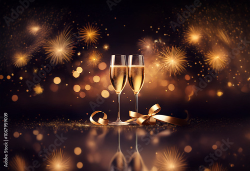 Two champagne flutes sit on a table with a gold ribbon and fireworks in the background.