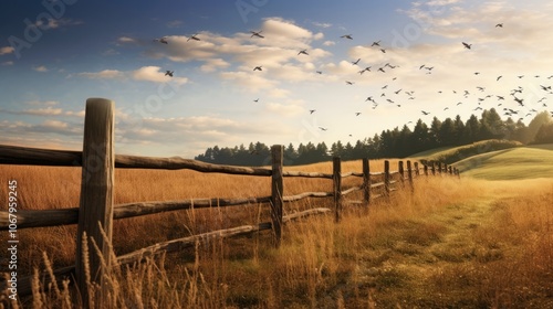 A picturesque scene of a barley field bordered by a forest, with a wooden fence running along the edge and a flock of birds soaring above.