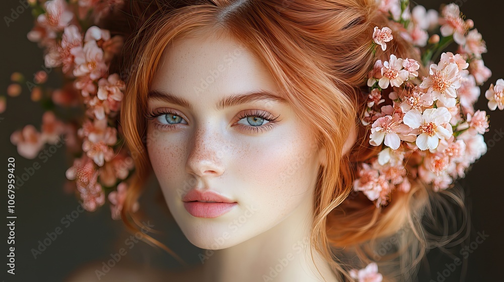 Red hair styled with pink flowers, highlighting beauty and hairdressing for natural looks. Red hair styled with pink flowers, highlighting beauty and hairdressing for natural looks.