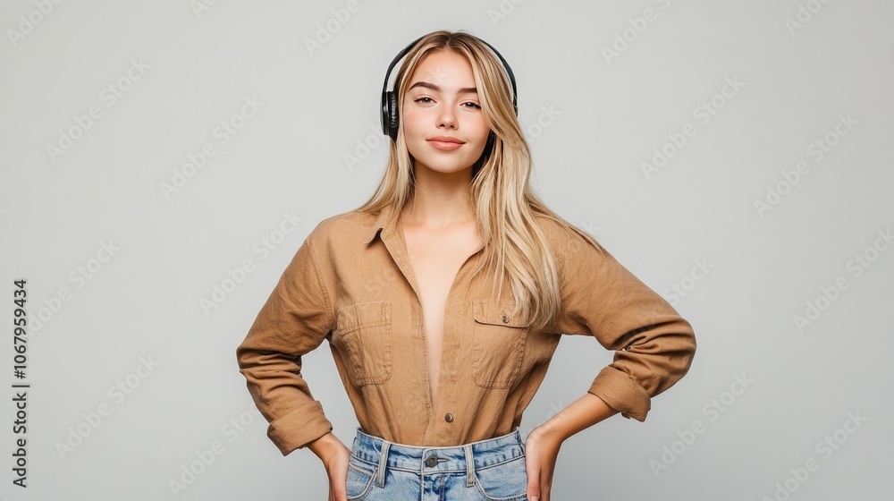 Stylish Young Woman with Headphones in Casual Outfit Stylish Young Woman with Headphones in Casual Outfit