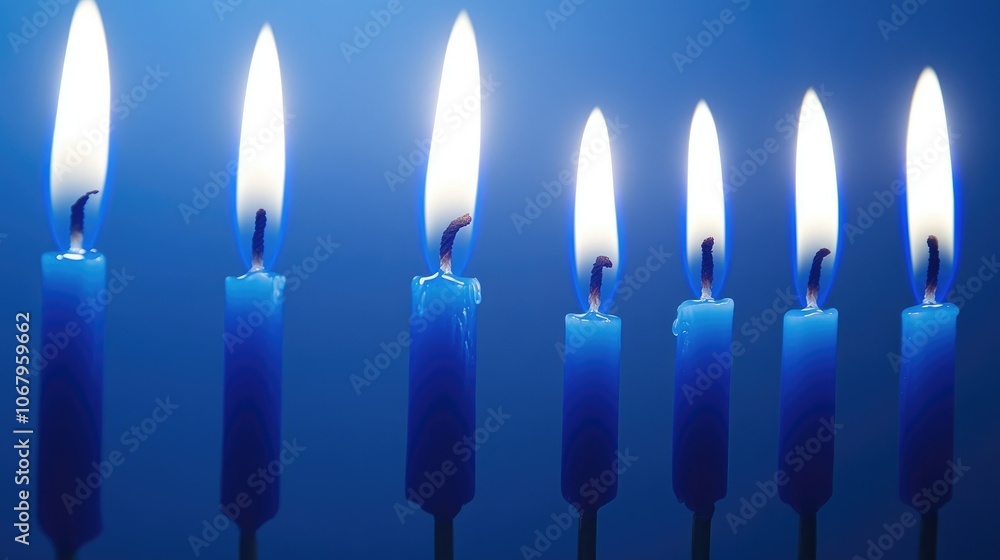 Bright Blue Candles Lit in a Row Against Blue Background Bright Blue Candles Lit in a Row Against Blue Background