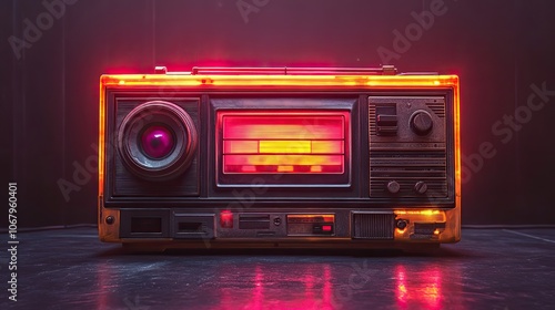 Retro boombox radio cassette in neon style, promoting 80s music party and vintage designs.