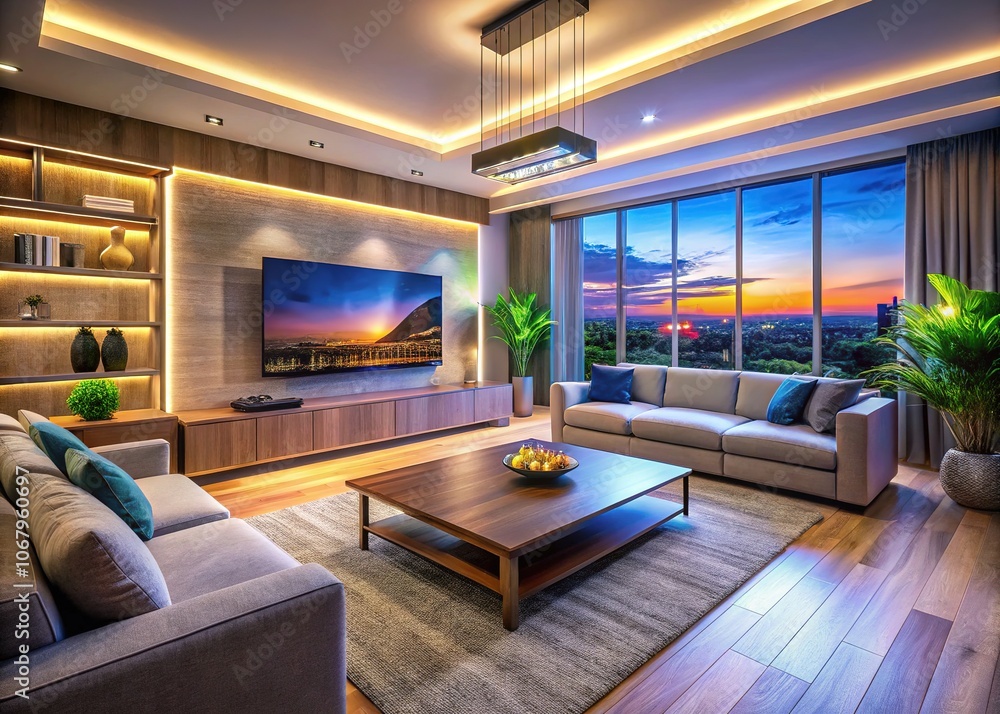 Smart lighting and a low-light LED TV enhance this luxurious living room. Smart lighting and a low-light LED TV enhance this luxurious living room.