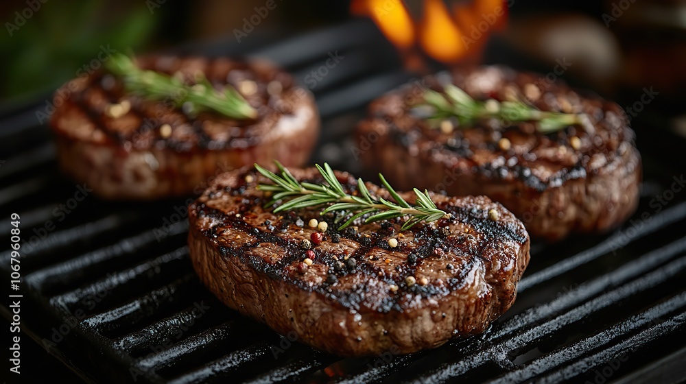 Ribeye steaks sizzle on a flaming grill with rosemary and pepper, creating a mouthwatering barbecue and grill concept for food menus. Ribeye steaks sizzle on a flaming grill with rosemary and pepper, creating a mouthwatering barbecue and grill concept for food menus.