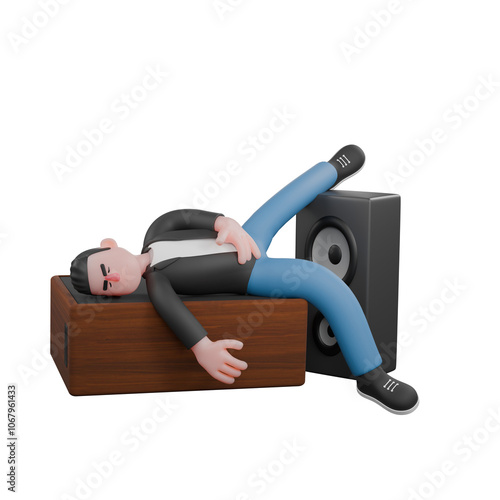 A male musician is sleeping on his right side on two rows of loudspeakers with his right foot on the loudspeaker and his left foot and left hand slipping downon his stomach.  Vocalist photo