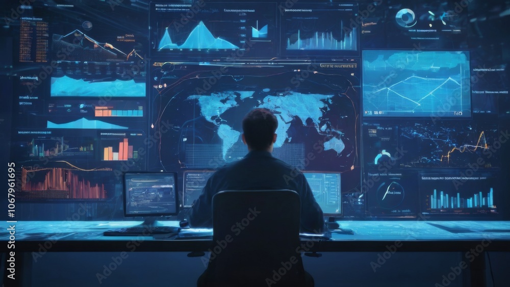 Man analyzing futuristic data on a large screen with graphs and charts, set on a dark background with colorful icons. Man analyzing futuristic data on a large screen with graphs and charts, set on a dark background with colorful icons.