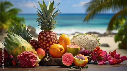 A red dragon fruit artistically arranged on a tropical-themed table, surrounded by other exotic fruits like mangoes and pineapples, with a tropical beach setting in the background