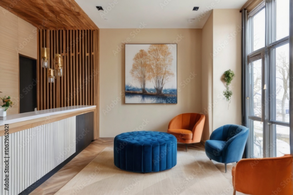 Modern & Spacious Living Room with Chandelier, High Ceiling, Wood Floor, Orange Armchairs, Blue Ottoman, & Tree View Modern & Spacious Living Room with Chandelier, High Ceiling, Wood Floor, Orange Armchairs, Blue Ottoman, & Tree View