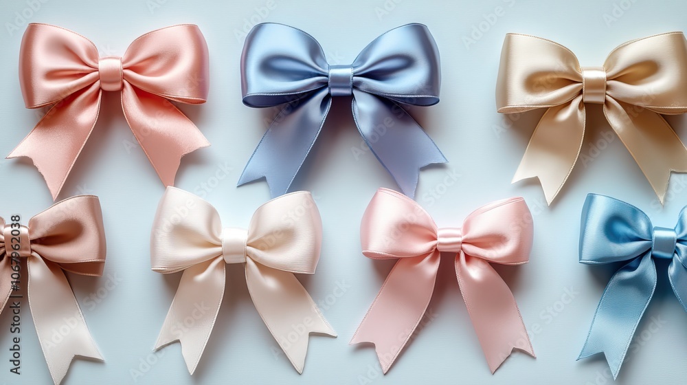 Satin ribbon bows in pastel colors, a retro accessory collection perfect for design projects or packaging decoration. Satin ribbon bows in pastel colors, a retro accessory collection perfect for design projects or packaging decoration.