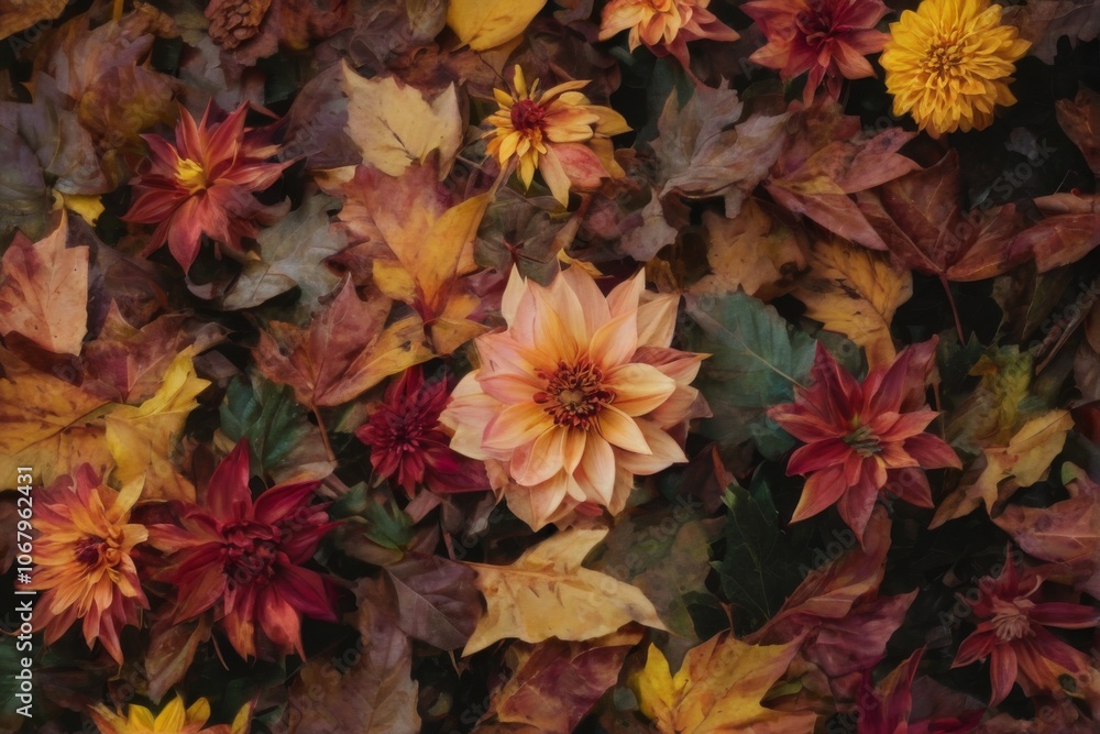 Autumn Leaves and Dahlia Flower in Warm Colors on Ground, Peaceful Atmosphere. Autumn Leaves and Dahlia Flower in Warm Colors on Ground, Peaceful Atmosphere.