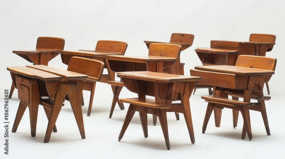 Korean classroom furniture from the 1960s, a nostalgic arrangement of desks and chairs reflecting vintage educational setups Korean classroom furniture from the 1960s, a nostalgic arrangement of desks and chairs reflecting vintage educational setups