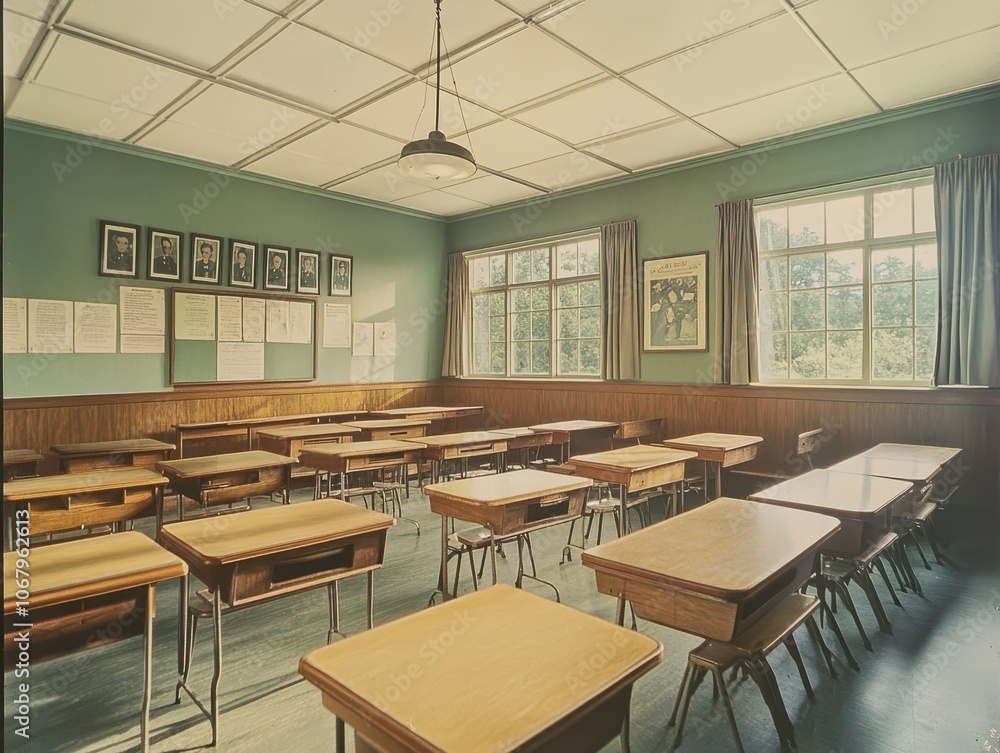 Japan classroom setup from the 1950s, featuring classic wooden desks and chairs, creating a retro, historical scene of education Japan classroom setup from the 1950s, featuring classic wooden desks and chairs, creating a retro, historical scene of education