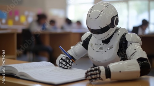 .AI Artificial intelligence robot on textbook assist student doing homework assignment. - ai