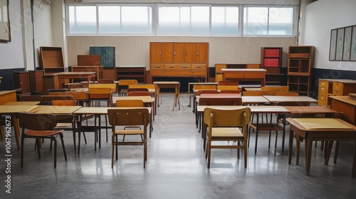 Korean classroom furniture from the 1960s, a nostalgic arrangement of desks and chairs reflecting vintage educational setups