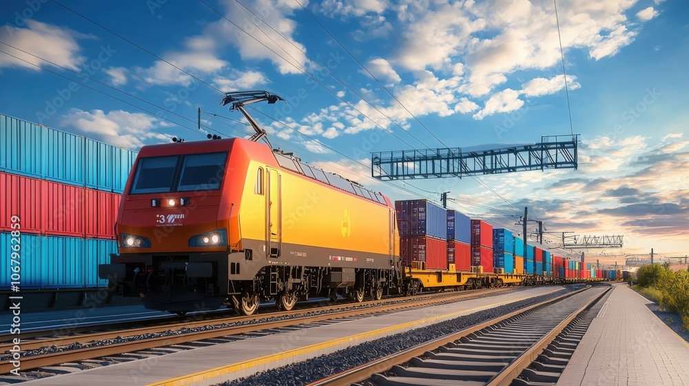 Fototapeta premium Freight Train Carrying Shipping Containers at Sunset.