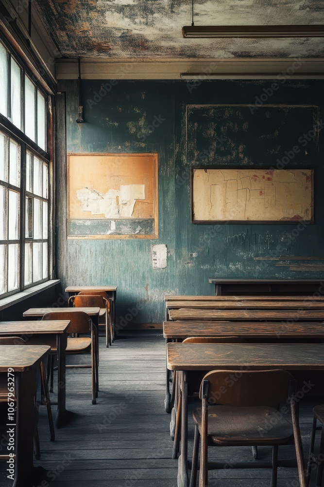 Old Japanese classroom furniture from the 1950s, with wooden desks and chairs arranged in a classic layout, evoking a sense of nostalgia Old Japanese classroom furniture from the 1950s, with wooden desks and chairs arranged in a classic layout, evoking a sense of nostalgia