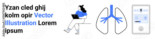 Person using laptop, lungs diagram, and smart speaker icon. Ideal for telecommuting, health monitoring, voice command tech, home automation, remote work, medical tech, digital devices. Landing page