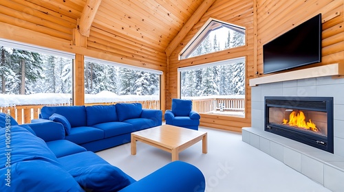 Cozy Cabin Living Room with Blue Couches and Fireplace