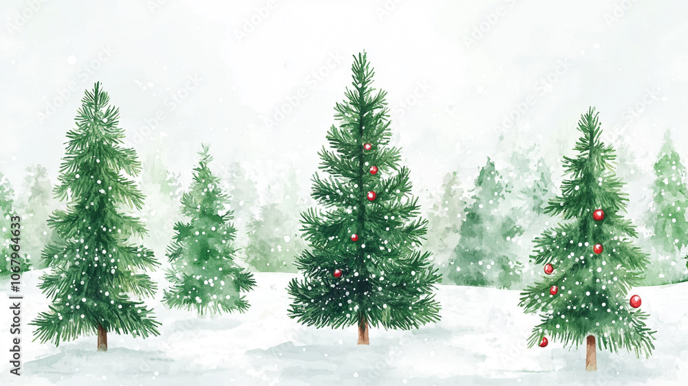 Fototapeta premium Winter wonderland with snow-covered Christmas trees decorated in a serene forest landscape