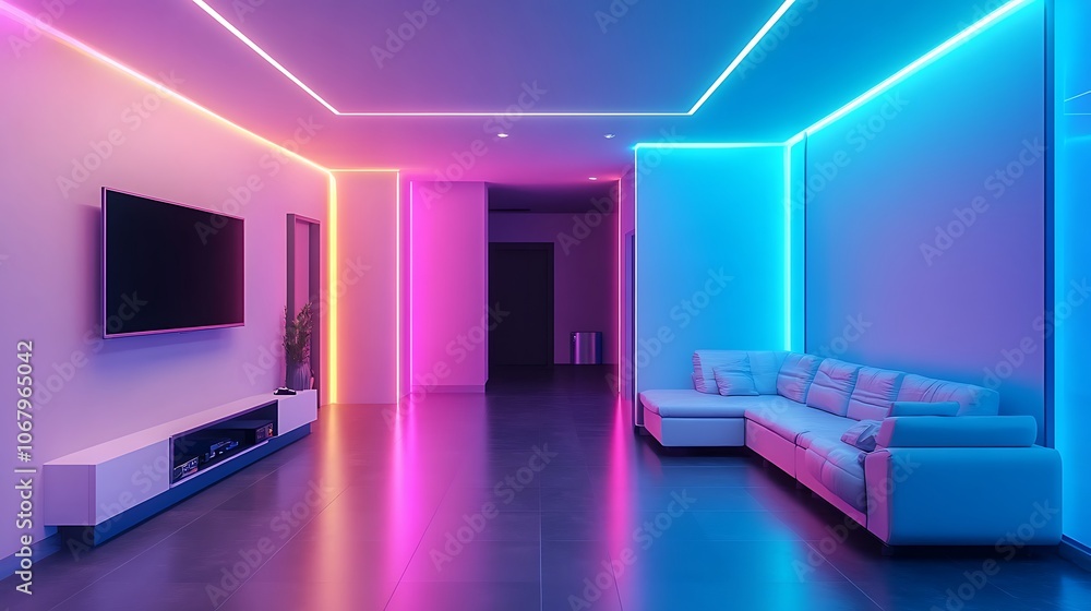 Modern Living Room with Neon Lights and Couch Modern Living Room with Neon Lights and Couch