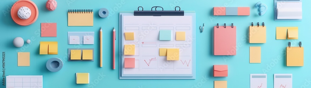 A vibrant flat lay of stationery items, including sticky notes, a calendar, and pens, organized on a blue background, promoting productivity and creativity. A vibrant flat lay of stationery items, including sticky notes, a calendar, and pens, organized on a blue background, promoting productivity and creativity.