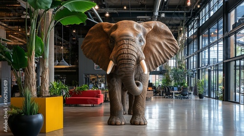 A large, realistic elephant sculpture stands in the lobby of a modern office building. 